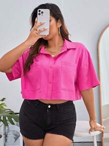 SHEIN Essnce 大碼落肩袖口袋貼布襯衫 - 玫紅色 - 查看 1