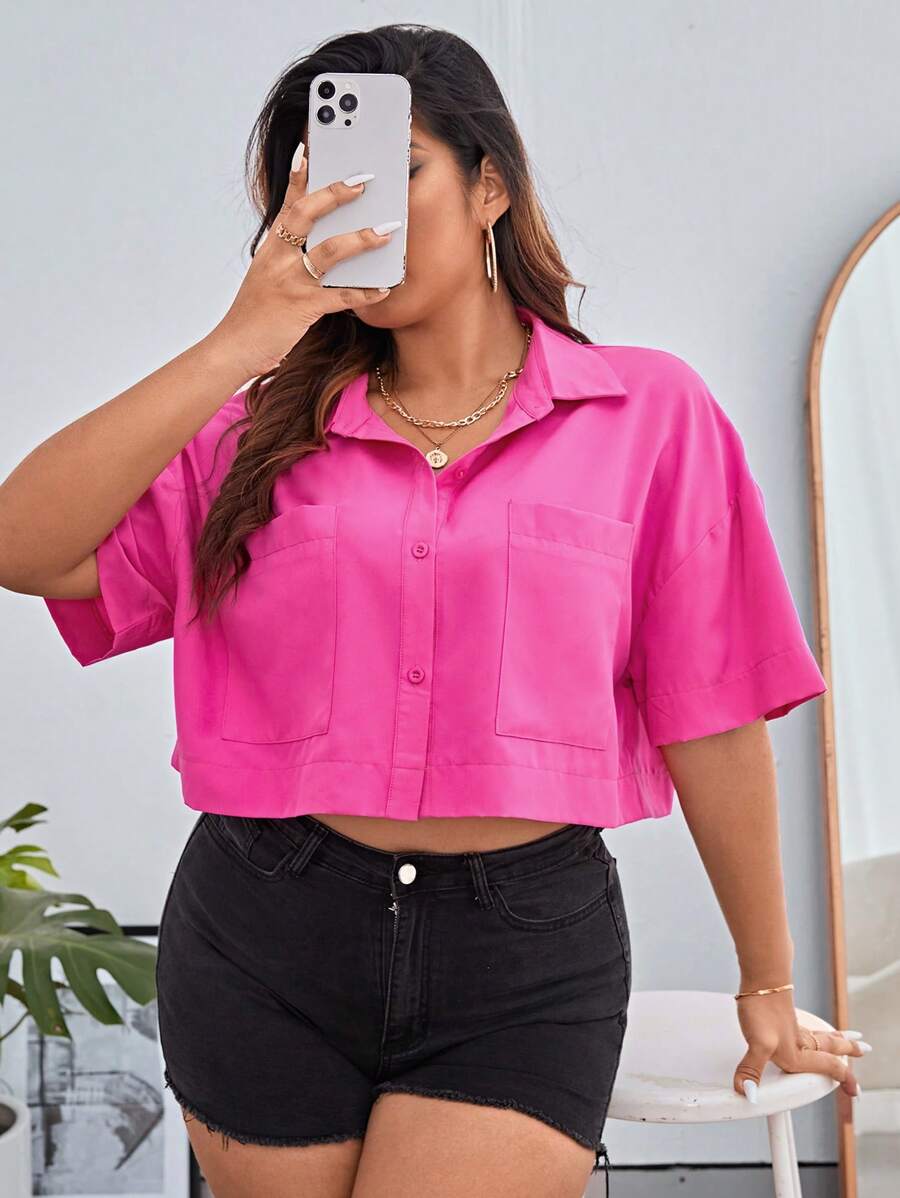 SHEIN Essnce 大碼落肩袖口袋貼布襯衫 - 玫紅色 - 查看 1