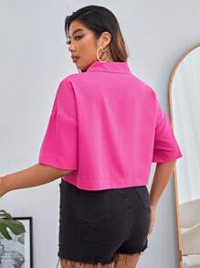 SHEIN Essnce 大碼落肩袖口袋貼布襯衫 - 玫紅色 - 查看 2