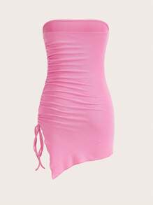 SHEIN ICON 側抽繩木耳邊褶邊抹胸緊身連衣裙 - 淺粉色 - 查看 2