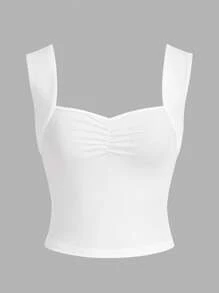 SHEIN EZwear Chất rắn Nếp gấp Phần Ngực Rộng Dây đai Áo - trắng - Xem 1