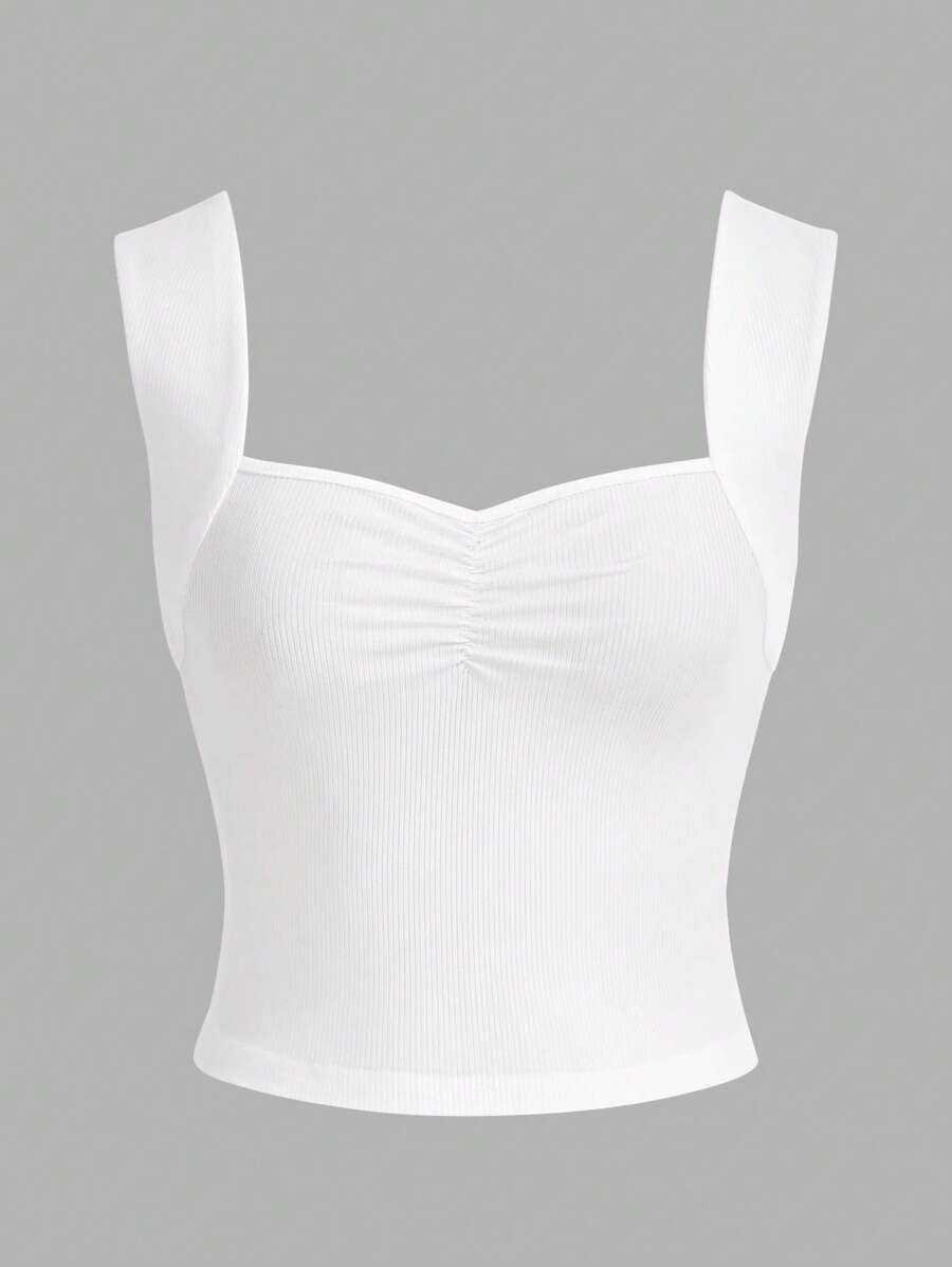 SHEIN EZwear Chất rắn Nếp gấp Phần Ngực Rộng Dây đai Áo - trắng - Xem 1