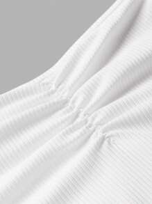 SHEIN EZwear Chất rắn Nếp gấp Phần Ngực Rộng Dây đai Áo - trắng - Xem 3