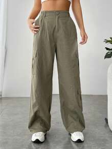 SHEIN EZwear 側翻蓋口袋工裝褲 - 軍綠色 - 查看 4