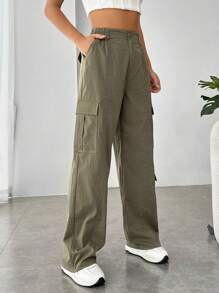 SHEIN EZwear 側翻蓋口袋工裝褲 - 軍綠色 - 查看 6