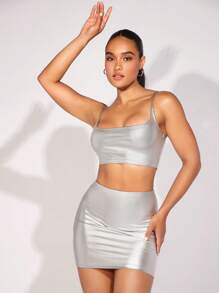 SHEIN BAE Solid Crop Cami Top & Bodycon Skirt - Silver - View 4