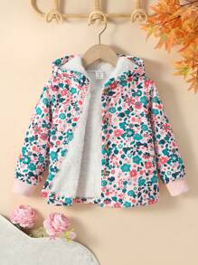 Elladie kids 少女 1入組休閒連帽夾克，全印花小花卉圖案，複合蓬鬆布料，翻邊袖，溫暖時尚，適合秋冬