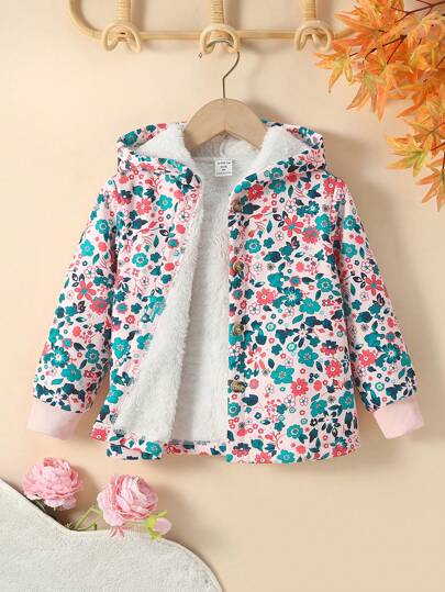 Elladie kids 少女 1入組休閒連帽夾克，全印花小花卉圖案，複合蓬鬆布料，翻邊袖，溫暖時尚，適合秋冬