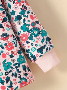 Elladie kids 少女 1入組休閒連帽夾克，全印花小花卉圖案，複合蓬鬆布料，翻邊袖，溫暖時尚，適合秋冬