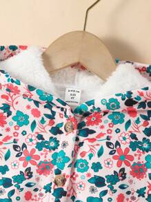 Elladie kids 少女 1入組休閒連帽夾克，全印花小花卉圖案，複合蓬鬆布料，翻邊袖，溫暖時尚，適合秋冬