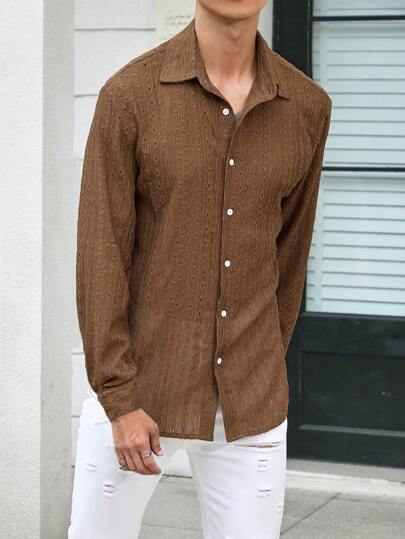 Manfinity Homme 男士網眼刺繡前排扣襯衫