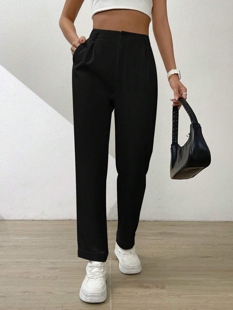 SHEIN Essnce Pantalones plegados de bolsillo sesgado sólidos - Negro - Ver 1