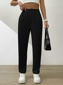 SHEIN Essnce Pantalones plegados de bolsillo sesgado sólidos - Negro - Ver 3