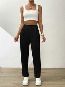 SHEIN Essnce Pantalones plegados de bolsillo sesgado sólidos - Negro - Ver 4