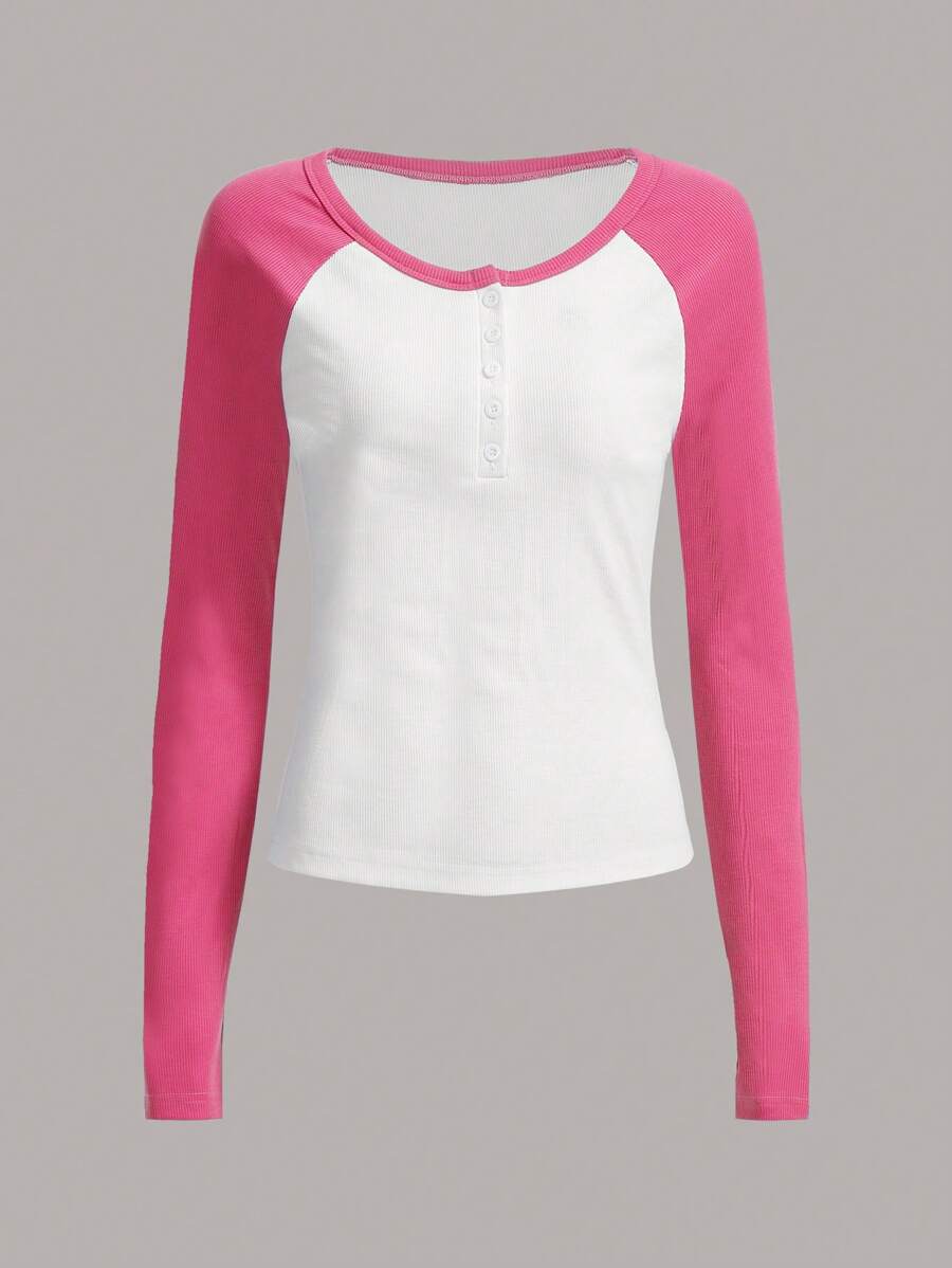SHEIN EZwear Khối màu Tay Raglan Áo thun - Màu Hồng Tươi - Xem 1