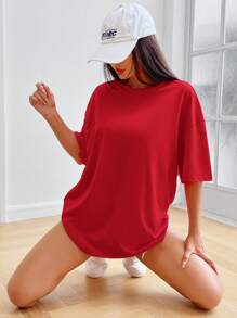 SHEIN EZwear Camiseta de hombros caídos unicolor - Rojo - Ver 2