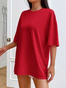 SHEIN EZwear Camiseta de hombros caídos unicolor - Rojo - Ver 4