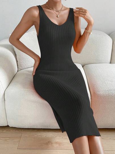 SHEIN Privé 高衩條紋針織毛衣裙