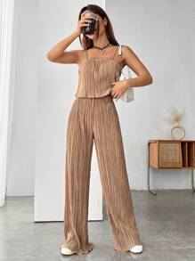 SHEIN EZwear Lettuce Trim Cami Top & Wide Leg Trousers - Khaki - View 1