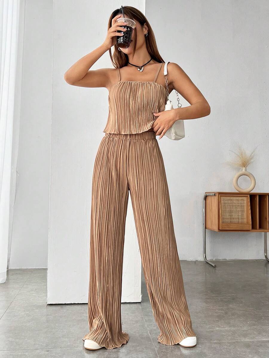 SHEIN EZwear Lettuce Trim Cami Top & Wide Leg Trousers - Khaki - View 1