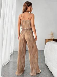 SHEIN EZwear Lettuce Trim Cami Top & Wide Leg Trousers - Khaki - View 2