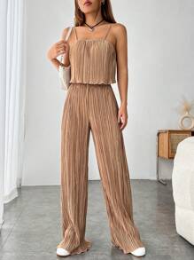 SHEIN EZwear Lettuce Trim Cami Top & Wide Leg Trousers - Khaki - View 3