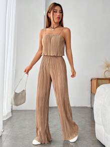 SHEIN EZwear Lettuce Trim Cami Top & Wide Leg Trousers - Khaki - View 4