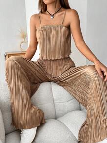 SHEIN EZwear Lettuce Trim Cami Top & Wide Leg Trousers - Khaki - View 6