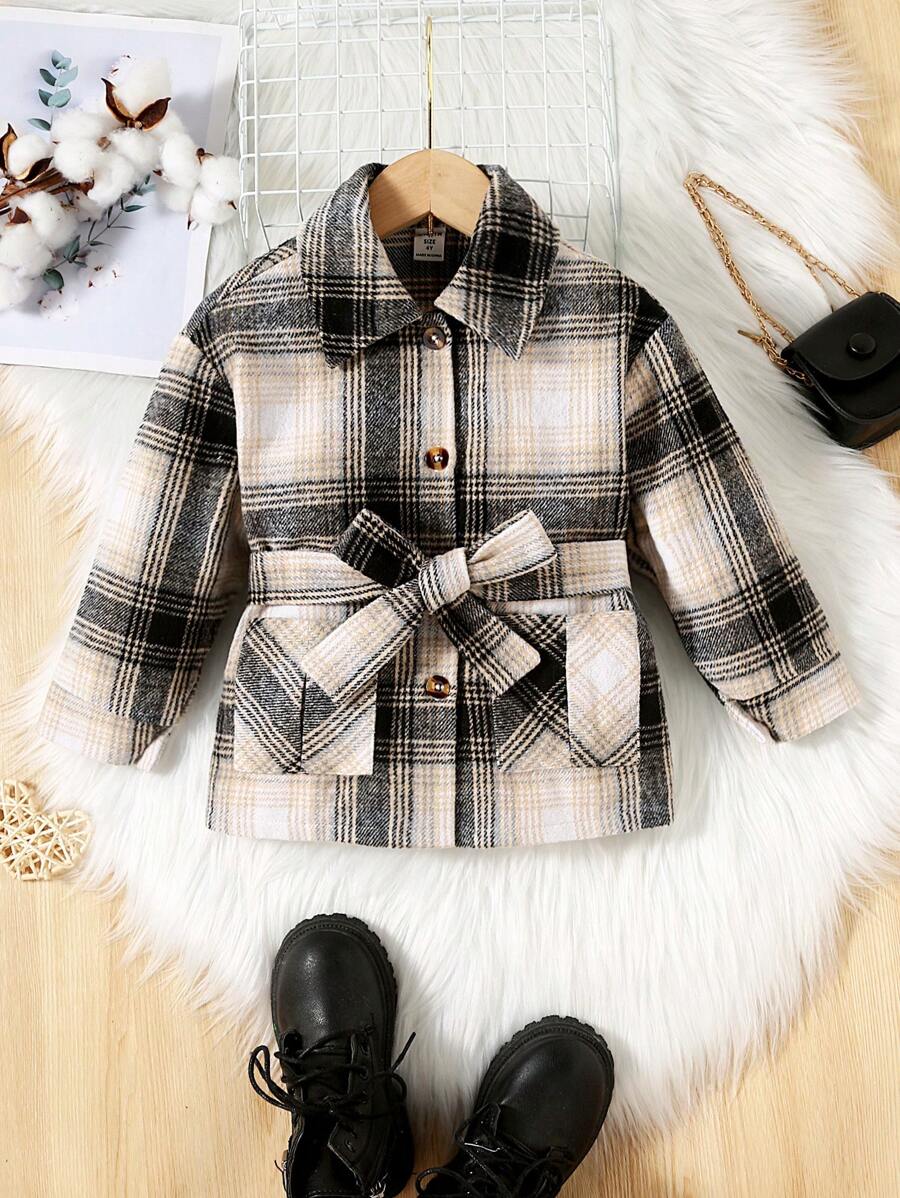 SHEIN Young Girl Casual Plaid Printed Double Pockets Long Sleeve Belted Wool Coat - Multicolor - View 1