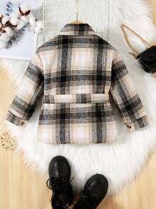 SHEIN Young Girl Casual Plaid Printed Double Pockets Long Sleeve Belted Wool Coat - Multicolor - View 2
