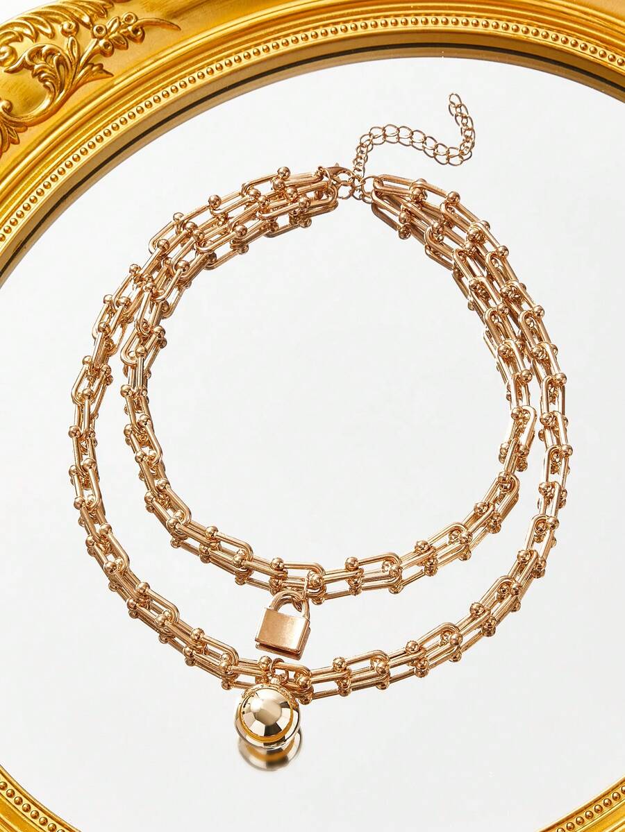 SHEIN SXY Lock Layered Necklace - Gold - View 1