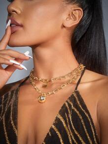 SHEIN SXY Lock Layered Necklace - Gold - View 4