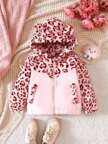 SHEIN 女小童日式風粉色豹紋印花長毛絨拼貼長袖外套適用於秋天和冬天 - 粉色 - 查看 1