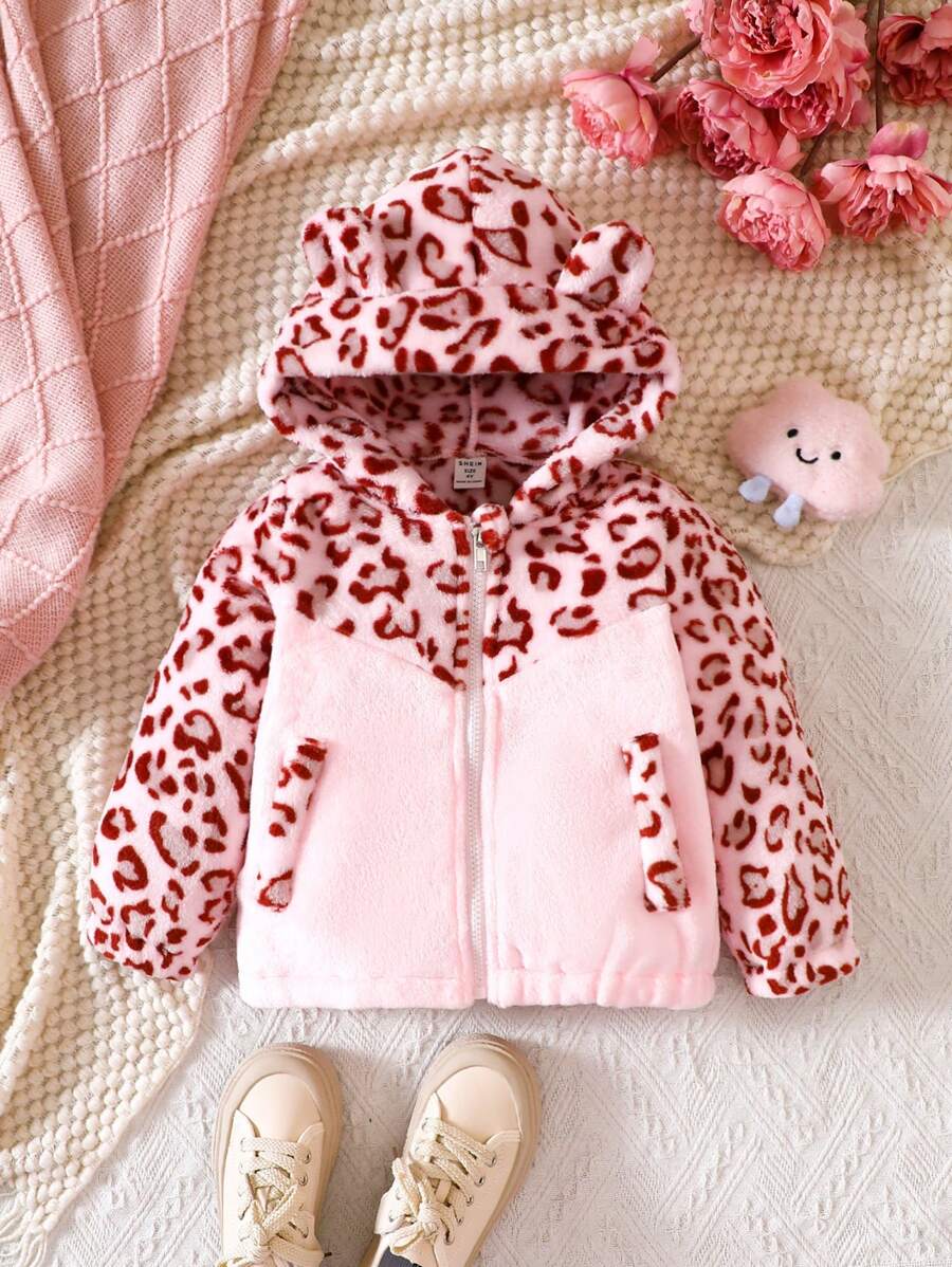 SHEIN 女小童日式風粉色豹紋印花長毛絨拼貼長袖外套適用於秋天和冬天 - 粉色 - 查看 1