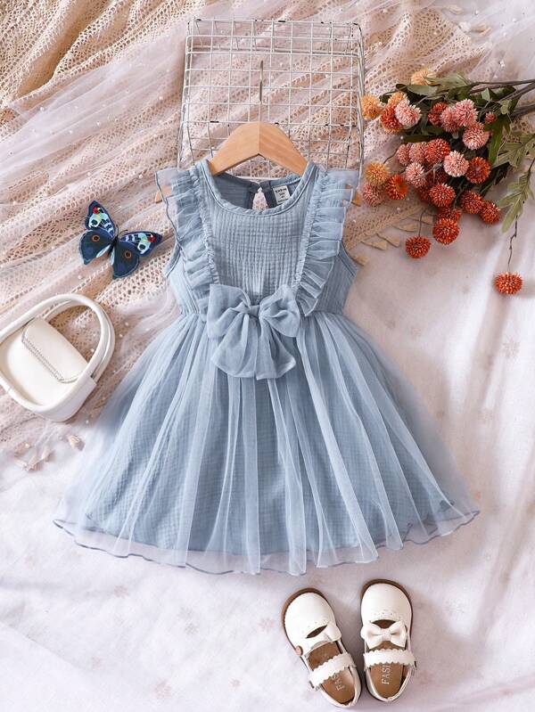 SHEIN Vintaside Kids Young Girl Ruffle Trim Bow Front Mesh Overlay Dress