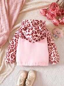 SHEIN 女小童日式風粉色豹紋印花長毛絨拼貼長袖外套適用於秋天和冬天 - 粉色 - 查看 2