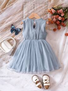 SHEIN Vintaside Kids Young Girl Ruffle Trim Bow Front Mesh Overlay Dress