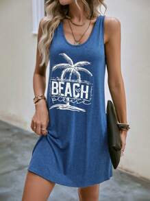 SHEIN VCAY Tropical & Letter Graphic Tank Dress - Blue - View 1
