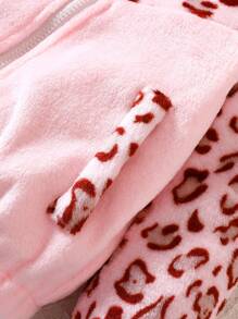 SHEIN 女小童日式風粉色豹紋印花長毛絨拼貼長袖外套適用於秋天和冬天 - 粉色 - 查看 7