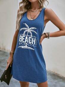 SHEIN VCAY Tropical & Letter Graphic Tank Dress - Blue - View 3