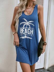 SHEIN VCAY Tropical & Letter Graphic Tank Dress - Blue - View 4
