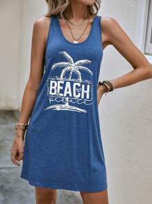 SHEIN VCAY Tropical & Letter Graphic Tank Dress - Blue - View 6