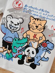 SHEIN 男童卡通動物圖案短袖T恤,特色鱷魚紋,貓熊,恐龍,老虎,可愛圖案,透氣和舒服 - 白色 - 查看 4