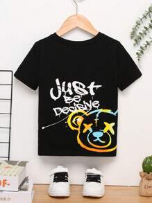 SHEIN 男小童卡通和標語圖案T恤 - 黑色 - 查看 1