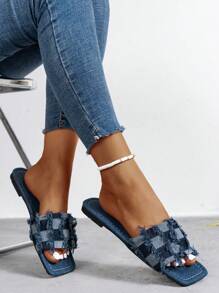 Sandalias de moda para mujeres de cuadros con fleco casual para exterior desgaste en verano - Azul Marino - Ver 2