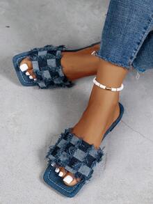 Sandalias de moda para mujeres de cuadros con fleco casual para exterior desgaste en verano - Azul Marino - Ver 3
