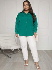 Talla grande Camisa amplio popelín con botón con cuello - Verde - Ver 5