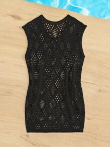 Tween Girl Hollow Out Split Hem Cover Up Dress - Black - View 6