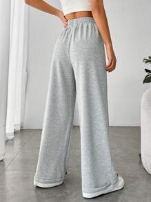 SHEIN EZwear 腰部抽繩闊腿衛褲 - 淺灰色 - 查看 2