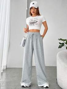 SHEIN EZwear 腰部抽繩闊腿衛褲 - 淺灰色 - 查看 5